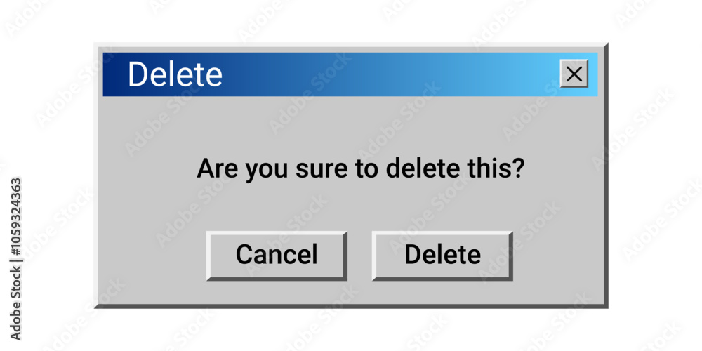 Poster old delete message on screen. notification about digital trash. retro pop up window.