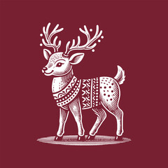 Cute Christmas deer in a sweater. Vector white illustration on red background