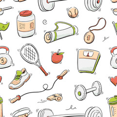 Doodle gym sketch health seamless pattern background. Hand drawn sketch doodle healthy sport, gym fit exercise equipment background. Hand drawn tennis ball, bottle, dumbbell fit. Vector illustration