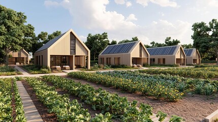 Fototapeta premium 3D rendering of a futuristic netzero village, solarpowered houses, community garden, rainwater collection, vibrant and modern aesthetic