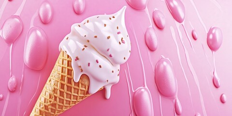 Fototapeta premium A scrumptious pink ice cream cone drizzled with chocolate sauce and sprinkles, served on a pile of matching colorful candy.
