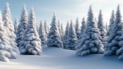 Naklejka premium Dense forest of snow-covered evergreen trees under a clear sky