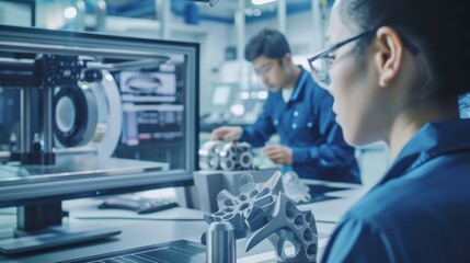 Obraz premium Advanced Aerospace 3D Printing in Modern Industrial Plant with Skilled Workers