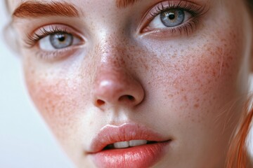 Fototapeta premium Portrait of a model with natural beauty and prominent freckles, showcasing skin texture and the delicate nature of her fairy tale-like appearance.