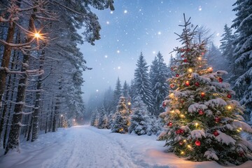 Naklejka premium Enchanting Merry Christmas Winter Forest with Magical Decorations and Snowfall