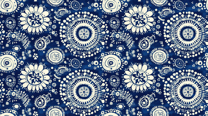 Seamless indigo ornament pattern featuring shamanic motifs and Latin mosaic elements perfect for festive Christmas backgrounds abstract art decoration design