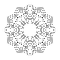 A black and white drawing of a mandala coloring book page, vector file