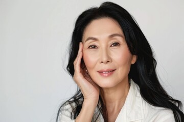 Portrait of happy Asian woman promoting skincare and spa products.