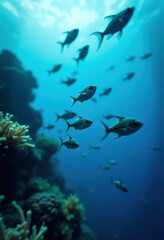Fototapeta premium Peces nadando cerca de un arrecife de coral en aguas azules profundas del océano.