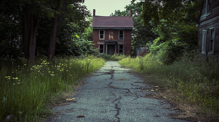 An eerie driveway to a house long since abandoned, overgrown with weeds.