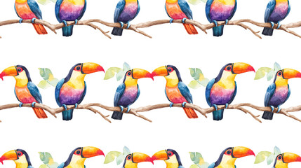Fototapeta premium Seamless pattern of colorful watercolor toucans perched on branches against a white background adorable hand drawn illustration for children s wallpaper and textile design