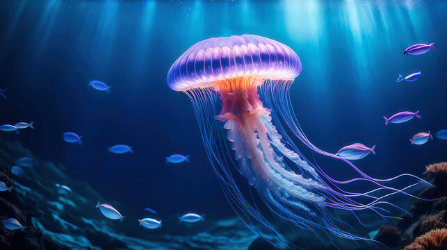 Medusa luminosa en aguas profundas rodeada de peque&ntilde;os peces, iluminada por rayos de luz.