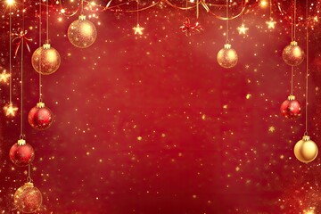 Christmas or New Year Festive red background with Christmas balls and lights with generative ai