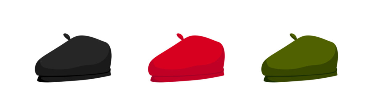 Colored head berets set. Stylish red hats with retro green design for artists and creative people with french and scottish retro black traditional vector style