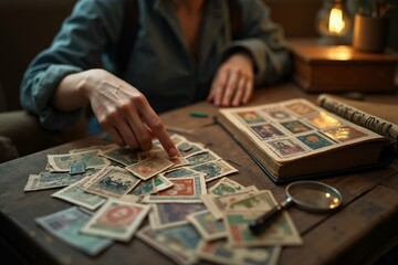 Vintage stamp collection enthusiast exploring historical stamps with magnifying glass and album at cozy desk.
