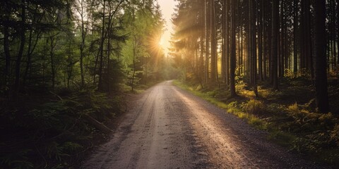 Obraz premium A dirt road surrounded by trees leading to a sunset or sunrise.