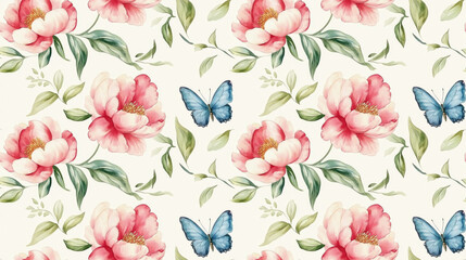 Fototapeta premium Seamless pattern featuring vibrant watercolor peonies and butterflies perfect for textile design and home decor
