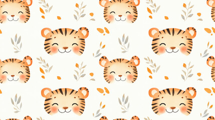 Obraz premium Cute children s print featuring a watercolor illustration of a smiling tiger face perfect for fabric design and nursery decor