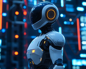 A futuristic robot with a sleek design, standing against a tech-inspired backdrop    