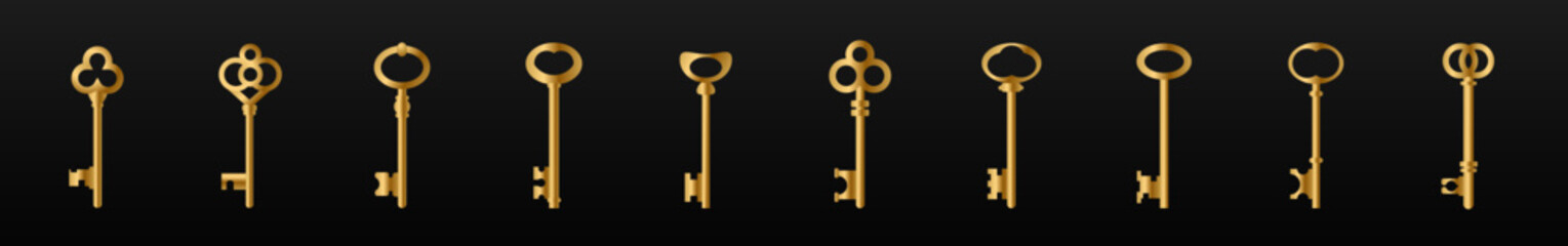 Old vintage golden key skeleton. Old luxury escape room keys vector