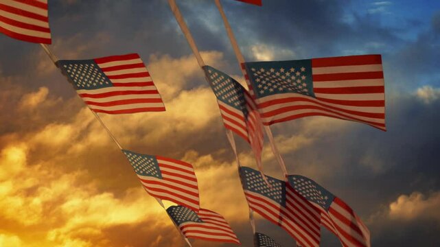 American Flags Flapping At Sunset