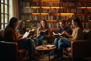 Cozy book club gathering in a warm library setting with friends enjoying literature and discussion.