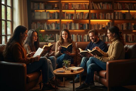 Cozy book club gathering in a warm library setting with friends enjoying literature and discussion.