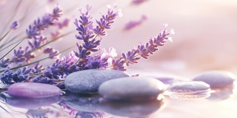 Obraz na płótnie Canvas Sunlit lavender flowers with pink petals on green stems, floating above tranquil water near stacked river rocks.