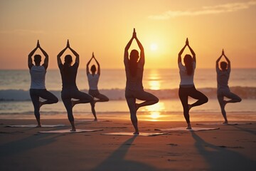 Group yoga session at sunset on beach for relaxation and wellness practice.