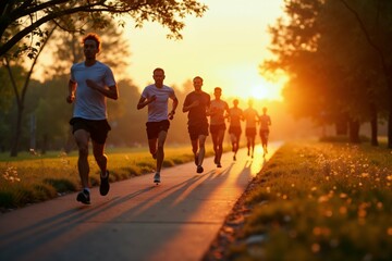 Morning group run in scenic park setting amidst sunrise.