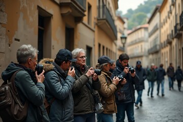 Outdoor photography workshop in historic european city street with group of enthusiasts.