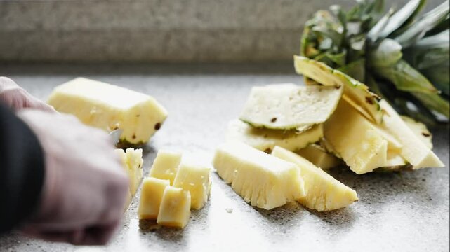 Fruchtfleisch einer Ananas in St&uuml;cke schneiden.