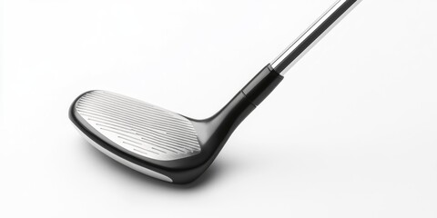 A modern silver golf club with a black handle, showcasing sleek design and technology.