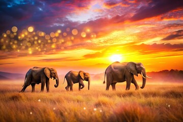 Fototapeta premium Family of Elephants Walking Through Savannah at Sunset with Bokeh Effect
