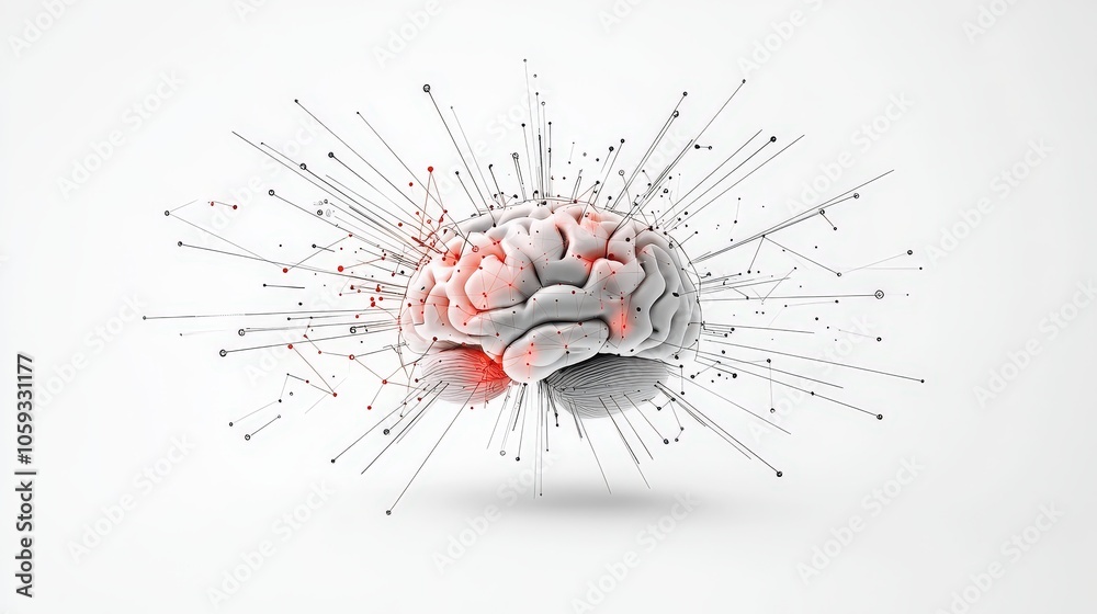 Poster high-quality, white background stock photo of a human brain with interconnected lines and digital no