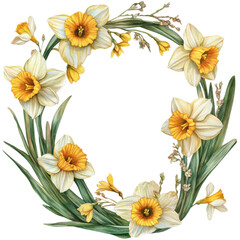 Obraz premium beautiful floral wreath featuring vibrant yellow daffodils and delicate greenery, perfect for spring decorations or floral designs. This artwork captures essence of natures beauty