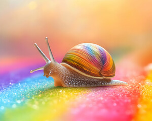 A playful snail with a colorful shell, sliding along a rainbow trail    