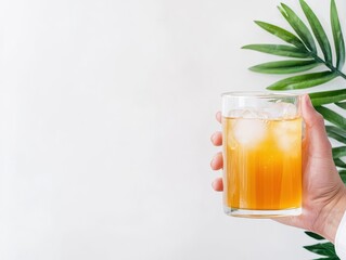 Employee drinking apple cider vinegar tonic, office detox, modern and light setting