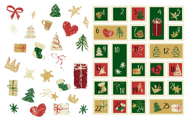 Christmas advent calendar with numbers on tag. Stamp pattern for gift label. Crayon xmas card with postage chevron design. Kid pencil scribble for greeting mail set. Postcard window for present.