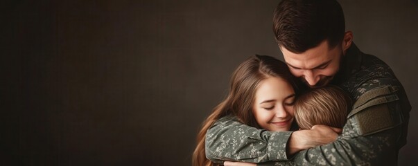 Military service member hugging family, warm lighting, symbolizing gratitude, military appreciation family, homecoming joy