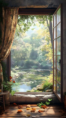 Fototapeta premium A tranquil view through a window captures the beauty of a serene outdoor landscape. 