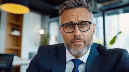 Fototapeta premium Focused middle-aged businessman engaged in professional video call conversation
