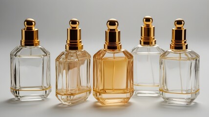 "A transparent perfume bottle with a gold cap, on a white background."

