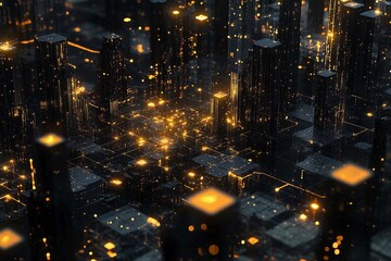 Illuminated cityscape with glowing lights reflecting on modern architecture at night. Generative AI