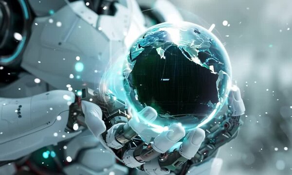 A futuristic robot holding the Earth symbolises thinking about environmental impact in today's digital age
