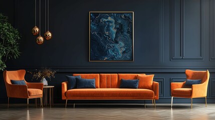 Elegant Living Room with Orange Sofa and Blue Accents and dark walls. Features abstract wall art and sophisticated decor