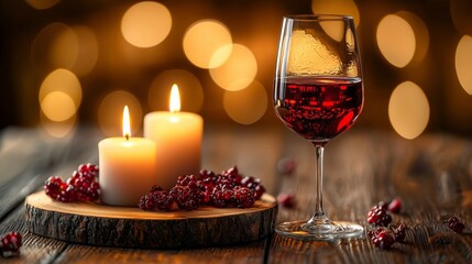 Romantic Red Wine with Candlelight on a Wooden Table