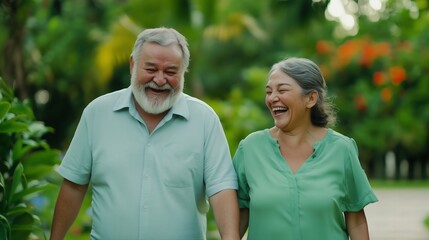 Obraz premium Happy Senior Couple Laughing Together Outdoors in Green Park, Ideal for Retirement, Active Aging, and Healthy Lifestyle Concepts