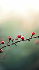 Fresh red berries rest on a thorny twig, contrasting with a blurry green background.    