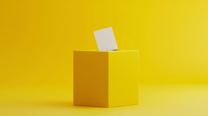 Obraz premium Bright yellow ballot box with a clear 'VOTE' sign, a checked ballot being inserted, emphasizing accessible and straightforward voting.